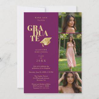 Modern Graduate Collage 3-Photos Plum & Gold Einladung