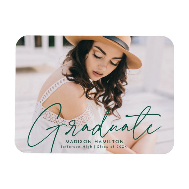 Modern Graduate Green Script Foto Graduation Magnet (Horizontal)