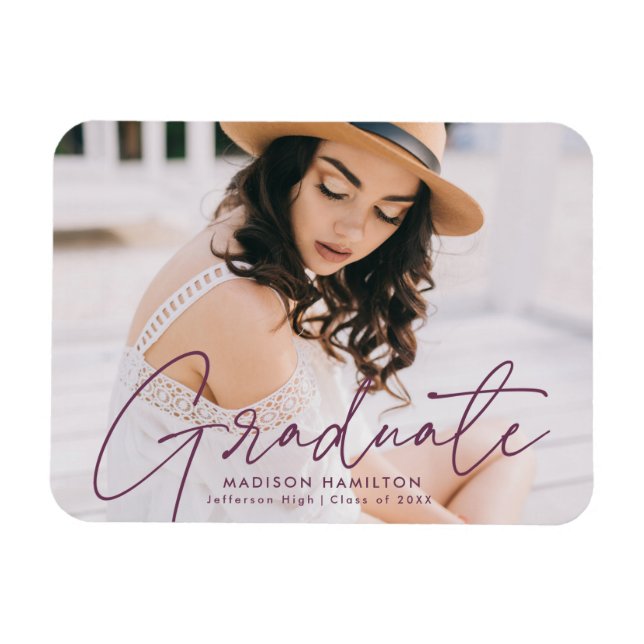 Modern Graduate Purple Script Foto Graduation Magnet (Horizontal)