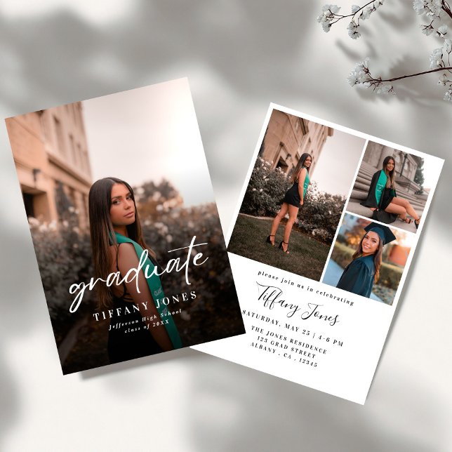 Modern Graduate White Script 4 Photos Graduation   Einladung (Von Creator hochgeladen)