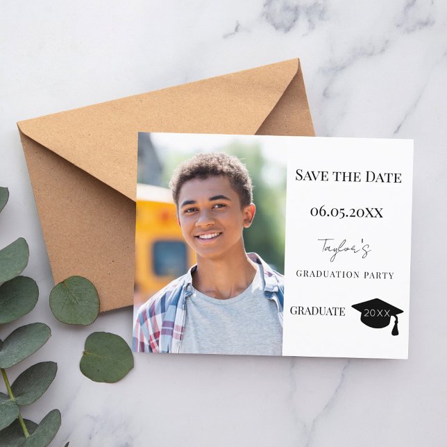 Modern Graduation Party guy Save the Date card (Von Creator hochgeladen)