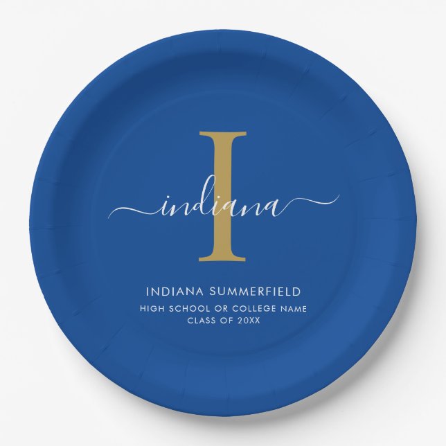 Modern Graduation Party Monogram Blue Minimalist Pappteller (Vorderseite)