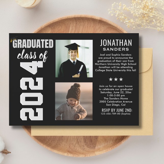 Modern Graduation Party with 2 Photos in Black Einladung (Von Creator hochgeladen)
