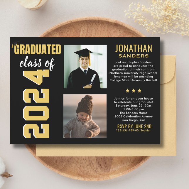 Modern Graduation Party with 2 Photos in Black Einladung (Von Creator hochgeladen)