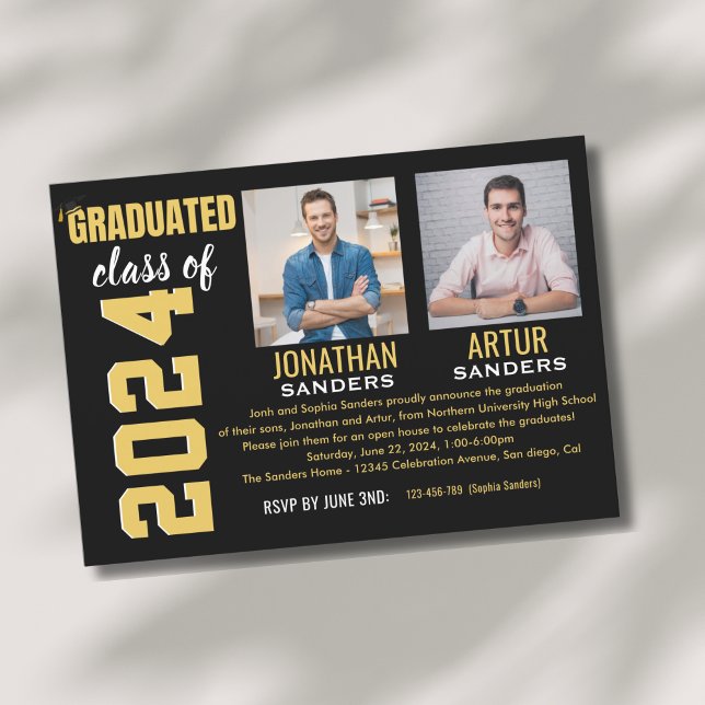 Modern Graduation Party with 2 Photos in Black Einladung (Von Creator hochgeladen)