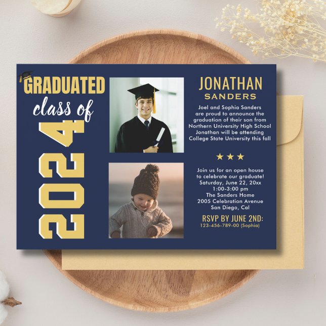 Modern Graduation Party with 2 Photos in Blue Einladung (Von Creator hochgeladen)