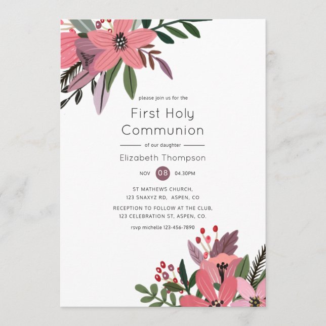 Modern Grandeur Plum & Pink Floral Heilige Kommune Einladung (Vorderseite)