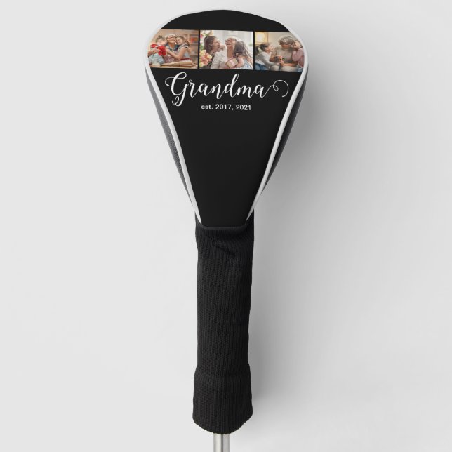 Modern Grandma Established 3 Photo White Script Golf Headcover (Vorderseite)