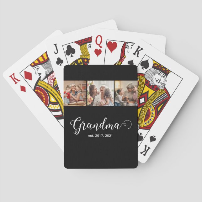 Modern Grandma Established 3 Photo White Script Spielkarten (Rückseite)