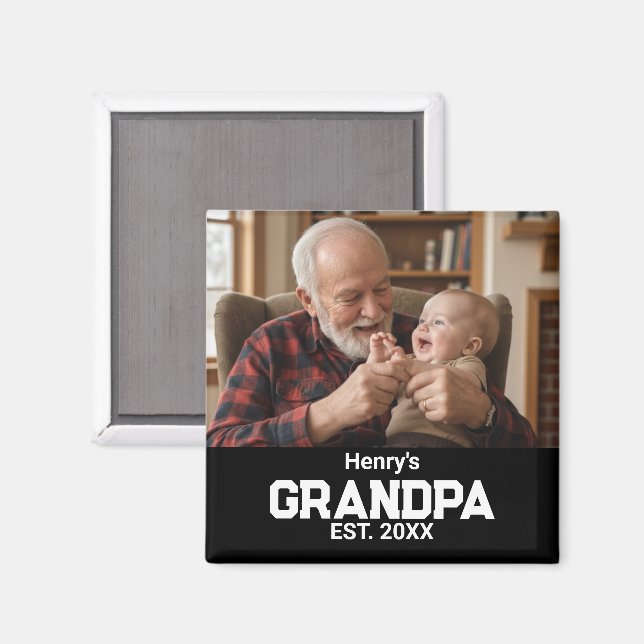 Modern Grandpa Est. Name Year Photo Black Magnet (Vorderseite/Rückseite)