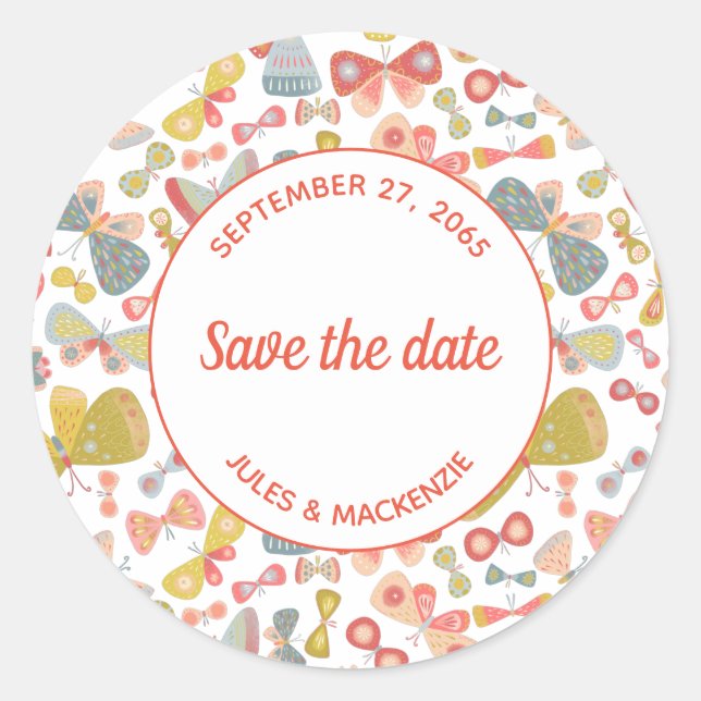 Modern Graphic Butterfly Pattern Save the Date Runder Aufkleber (Vorderseite)