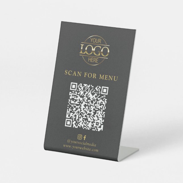Modern Grau Geschäft Logo Kontaktlos QR Code Menü Sockelschild (Vorderseite)