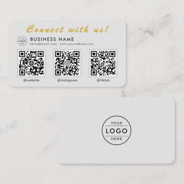Modern Grau Gold 3 QR Code Multi Social Visitenkarte (Vorne/Hinten)