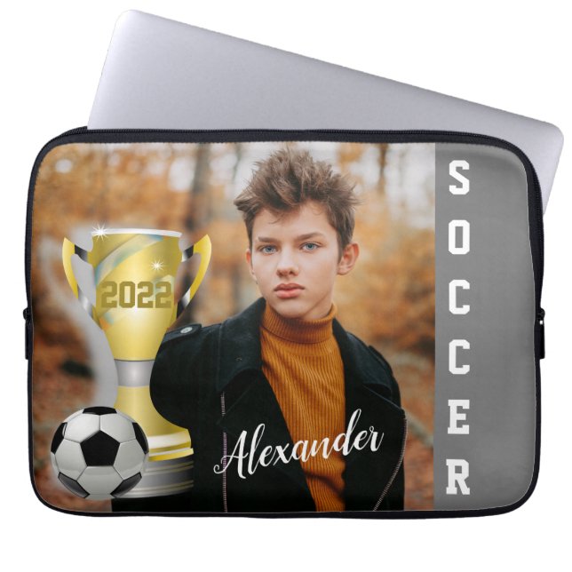 Modern Grau Soccer Sports Foto & Name Laptopschutzhülle (Vorderseite)