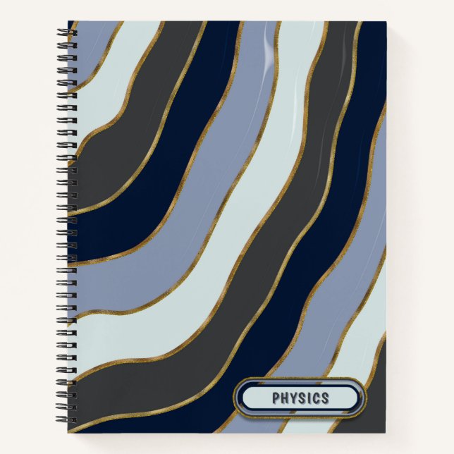 Modern graue, weiße Goldtöne Wavy Stripes Thema Notizbuch (Vorderseite)