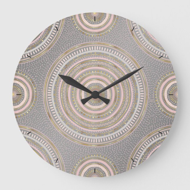 Modern Gray Gold Geometric Mandala Große Wanduhr (Vorderseite)