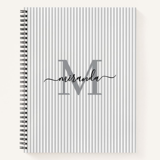 Modern Gray & White Stripes Monogram Name Notizbuch (Vorderseite)