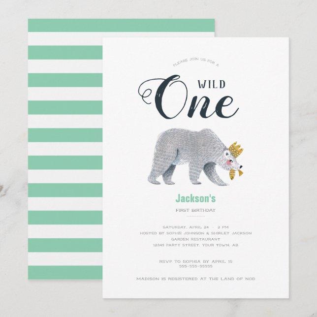 Modern Green Adventure Bären Animal First Birthday Einladung (Vorne/Hinten)