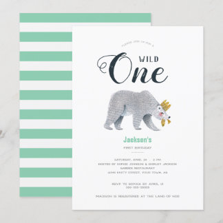 Modern Green Adventure Bären Animal First Birthday Einladung
