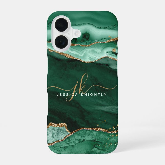 Modern Green Agate Gold Glitzer Script Monogram iPhone 16 Hülle (Rückseite)