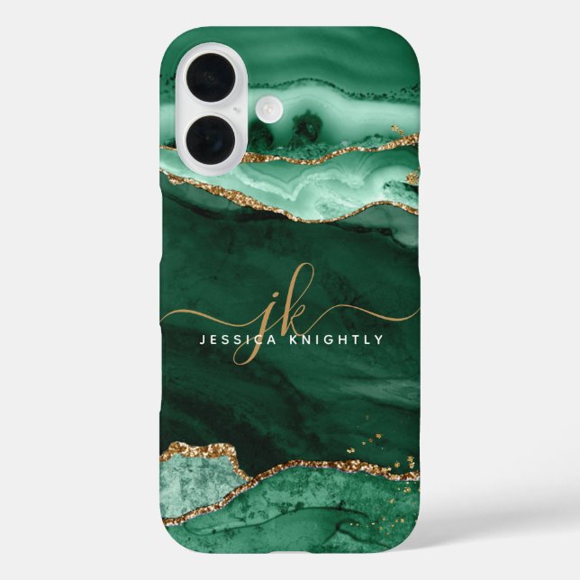 Modern Green Agate Gold Glitzer Script Monogram iPhone 16 Hülle (Rückseite)