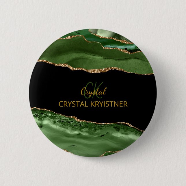Modern Green and Gold Glitter Monogram  Button (Vorderseite)