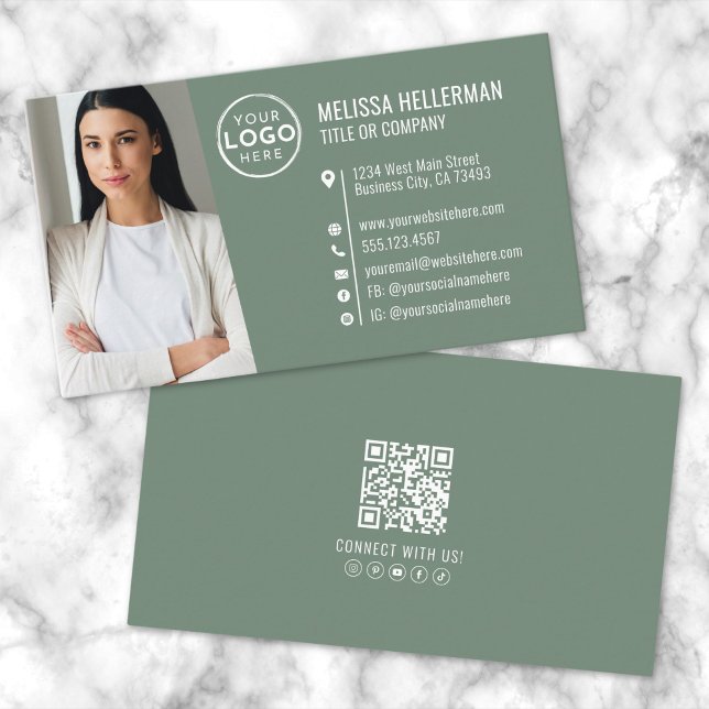 Modern Green Beruflich QR Code Foto Logo Visitenkarte (Modern Green Professional QR Code Photo Logo Business Card)