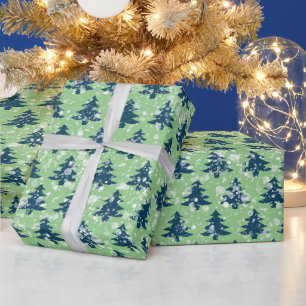 Modern Green Blue Christmas Snowy Trees Geschenkpapier
