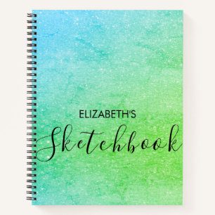 Modern Green Blue Ombre Glitzern Name Sketchbook Notizbuch