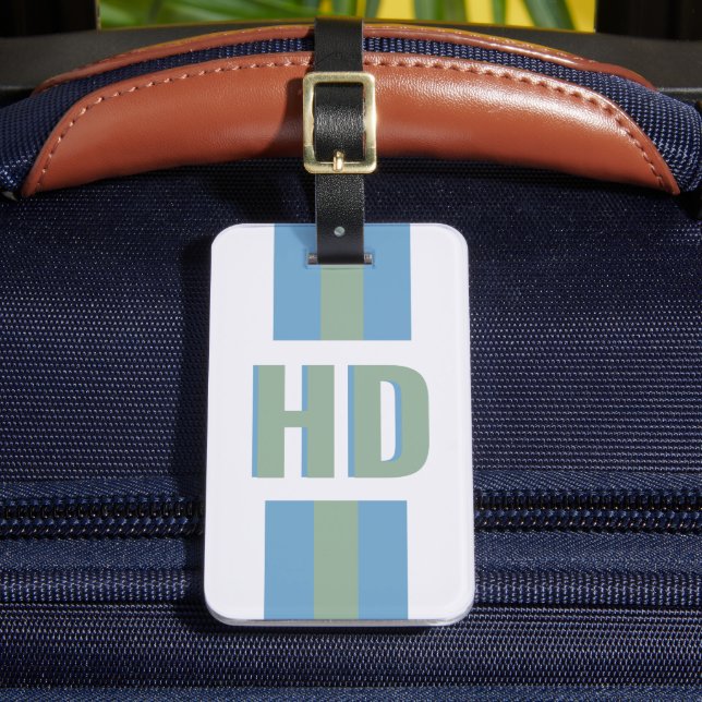 Modern Green Blue striped Shadow Monogram girly Gepäckanhänger (Vorderseite Insitu 2)