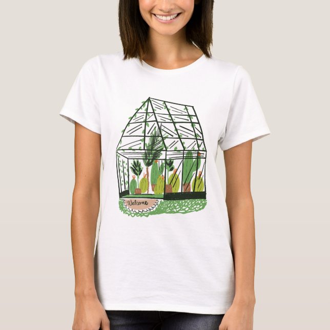 Modern Green Botanical Green House Pink T-Shirt (Vorderseite)
