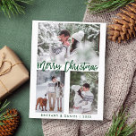 Modern Green Brush Script Frohe Weihnachten Foto Postkarte<br><div class="desc">Modern Green Brush Script Frohe Weihnachten Foto Postcard</div>