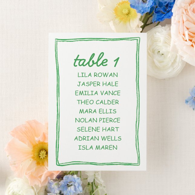 Modern Green Doodle Wedding Seating Chart Card Tischnummer (Von Creator hochgeladen)