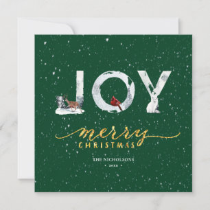 Modern Green Elegant Gold Script JOY Snow Overlay Feiertagskarte