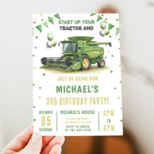 Modern Green Farm Tractor 3rd Birthday Invitation