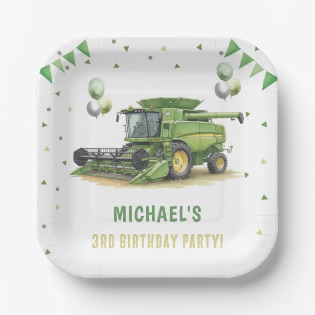 Modern Green Farm Tractor 3rd Birthday Pappteller (Vorderseite)