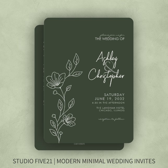 Modern Green Foliage Kontur All-in-One Hochzeit Einladung (Von Creator hochgeladen)