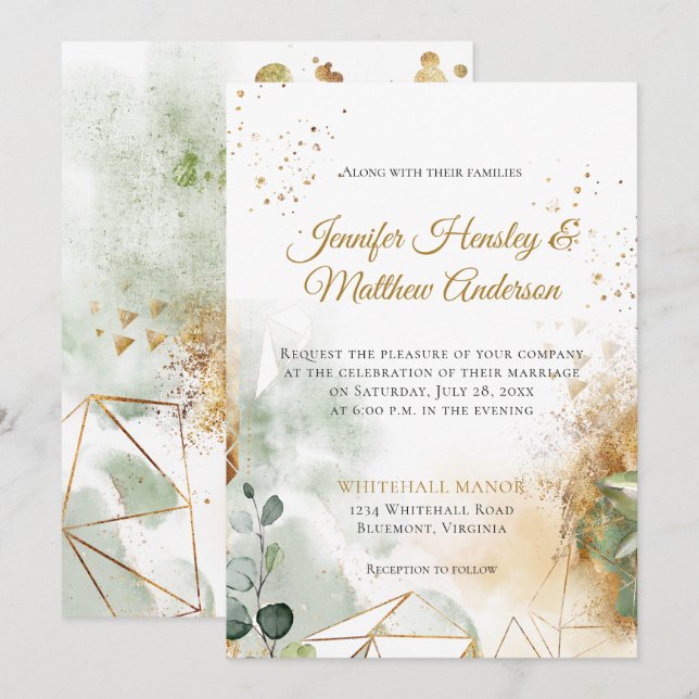 Modern Green Gold Botanical Geometric Wedding Einladung (Vorne/Hinten)