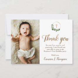 Modern Green Gold Cross baptism 1st birthday photo Dankeskarte