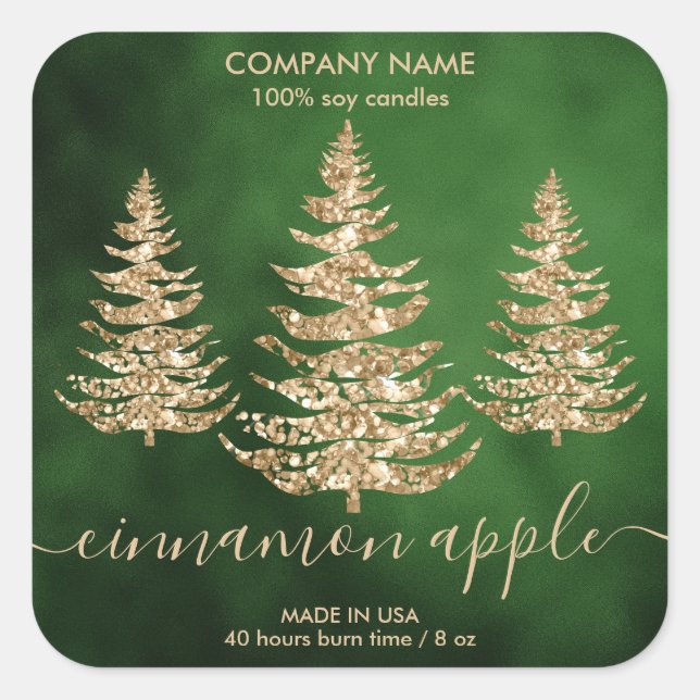 Modern Green Gold Glitzer Pine Christmas Candle Quadratischer Aufkleber (Vorderseite)