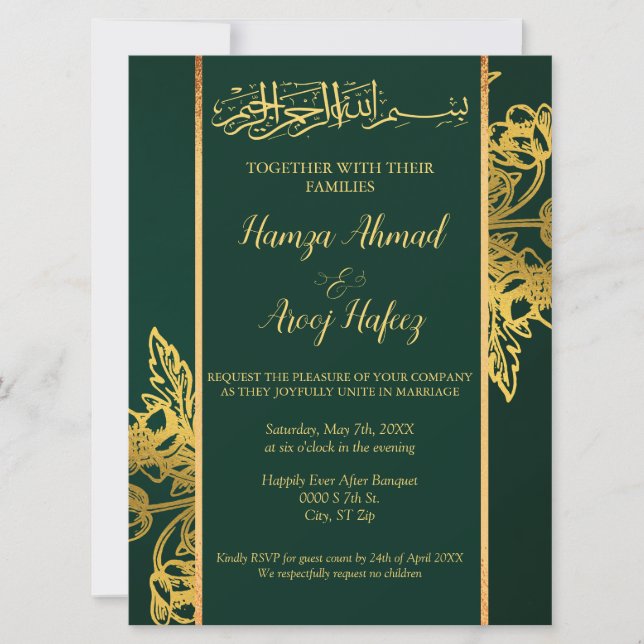 Modern Green & Gold Islamische Hochzeit Einladung (Vorderseite)