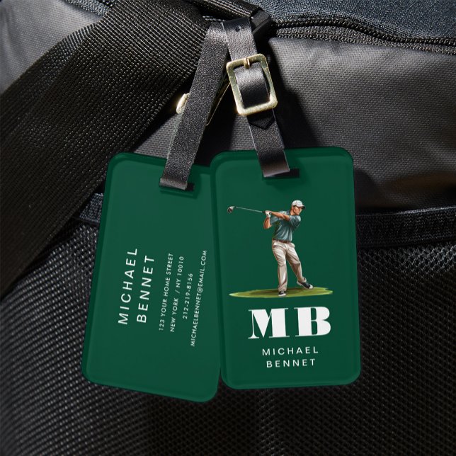 Modern Green Golfer Sport Monogram Gepäckanhänger (Modern Green Golfer Sport Monogram Luggage Tag)