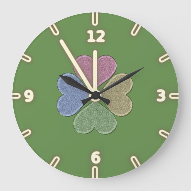 Modern Green Irish Shamrock, St. Patrick's Day Große Wanduhr (Vorderseite)
