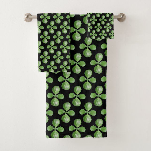 Modern Green Jade Tree Blätter auf Black Badhandtuch Set (Insitu)