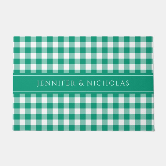 Modern Green Kariert Gingham Name Fußmatte (Vorderseite)