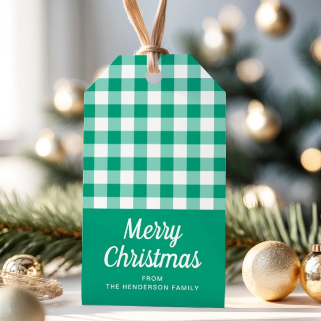 Modern Green Kariert Script Frohe Weihnachten Geschenkanhänger (Green Plaid Pattern Script Merry Christmas Gift Tags)