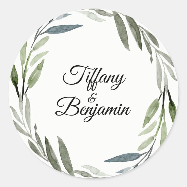 Modern Green Leaf Wreath Wedding Party Runder Aufkleber (Vorderseite)