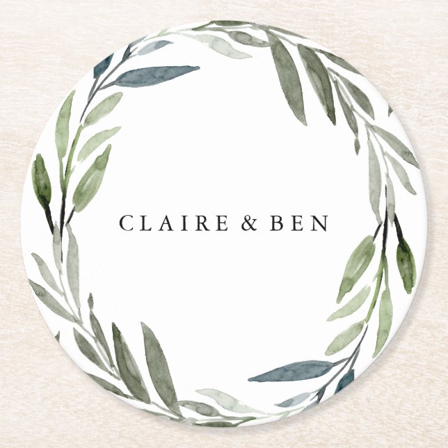 Modern Green Leaf Wreath Wedding Party Runder Pappuntersetzer (Vorderseite)