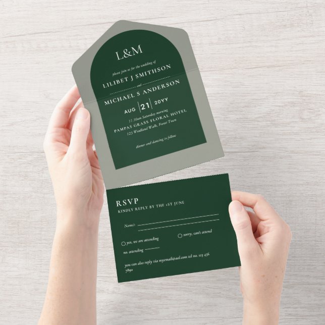 Modern Green Monochrome Wedding All In One Einladung (Abreißen)