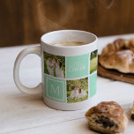 Modern Green Monogram Foto Collage Weihnachten Kaffeetasse<br><div class="desc">Diese Monogramm-Tasse hat sechs Aufnahmen und ist in einer pastellfarbenen,  minzgrünen Farbe gehalten. Die folgenden Zitate zitieren Feiertagjubeln,  Frohe Weihnachten,  Freude und Liebe.</div>
